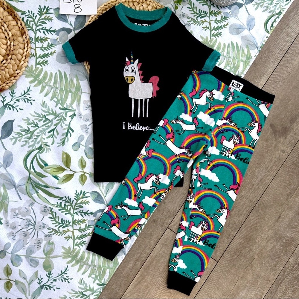 Lazy One Toddler Girl Pajamas Set ‘I believe’ Unicorns Rainbows 3T
